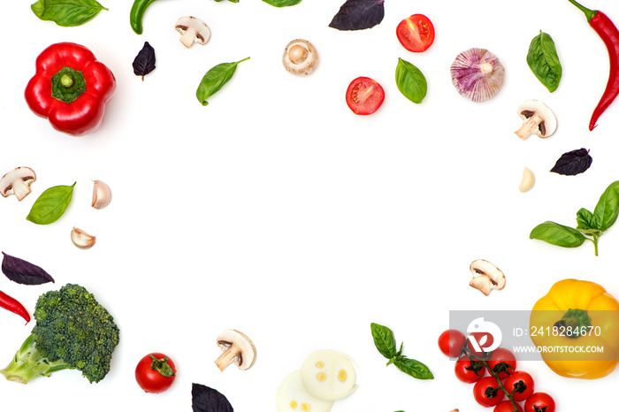 Various fresh vegetables and herbs isolated on white background.