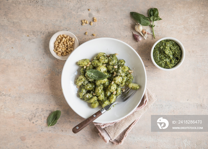 Italian food: homemade gnocchi with pesto sauce Parmesan and basil on concrete  table