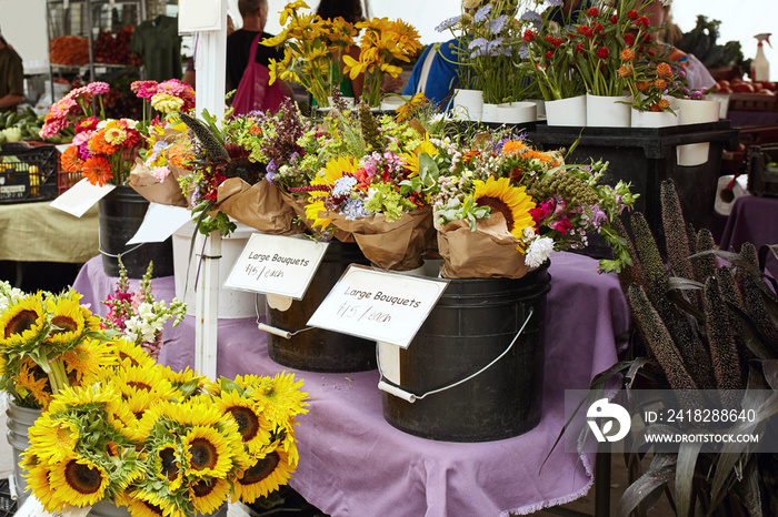 美国科罗拉多州博尔德市农贸市场上展示的一束束鲜花
