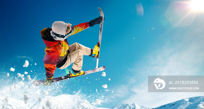 Skiing. Jumping skier. Extreme winter sports.