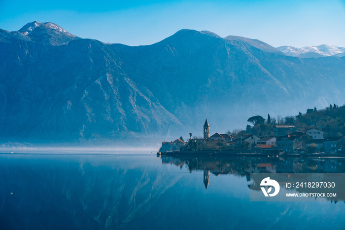 Bay of Kotor snow in the mountains of Montenegro.