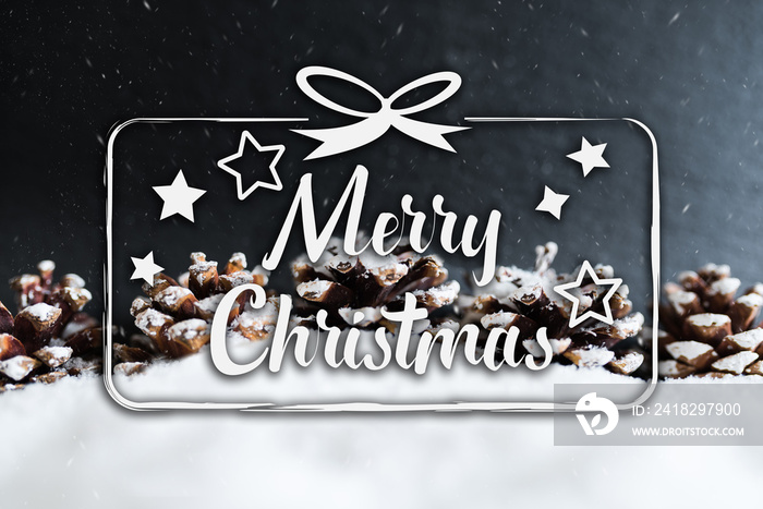 text Merry Christmas against snowy background with pine cones