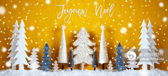 Banner Of Christmas Trees With French Calligraphy Joyeux Noel Means Merry Christmas. Yellow Wooden R