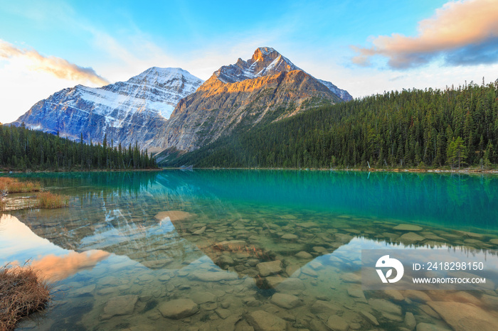 Edith Cavell Mountain and lake in Jasper National Park, Alberta, Canada