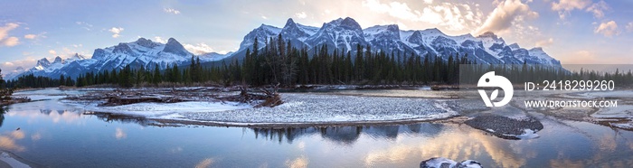 Scenic Bow River Panoramic Landscape with Snowy Mountain Peaks of Rundle Range and Dramatic Sunset S