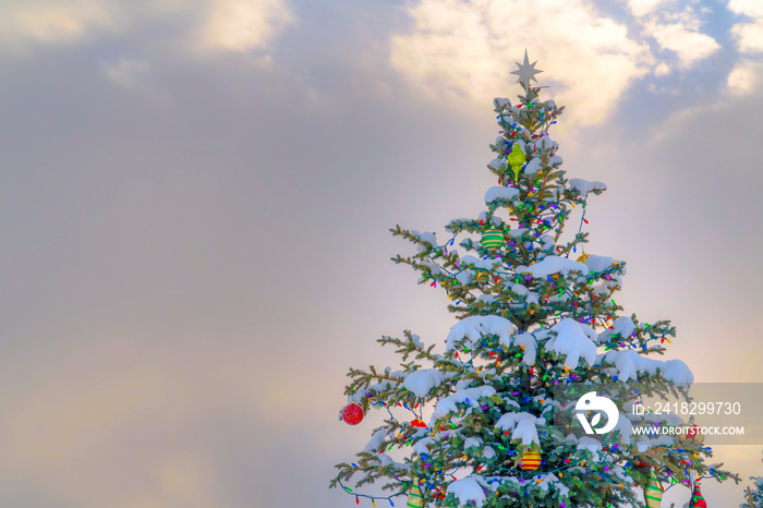 Snow covered outdoor Christmas against cloudy sky