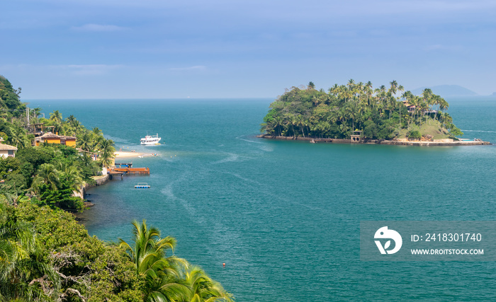 Aerial view of the coast of Ilhabela and Ilha das Cabras, São Paulo, Brazil