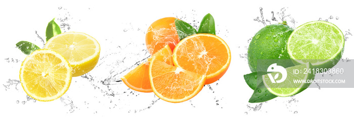 Fresh Fruits with water splash on isolated white background | lemon, orange and lime