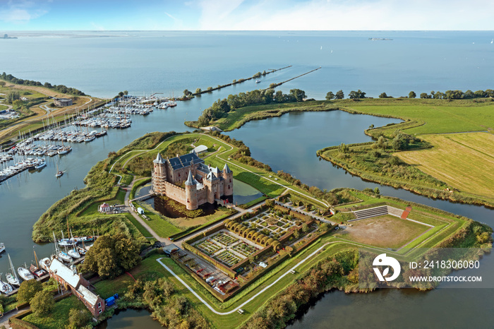 Aerial from Muiderslot castle at the IJsselmeer in the Netherlands