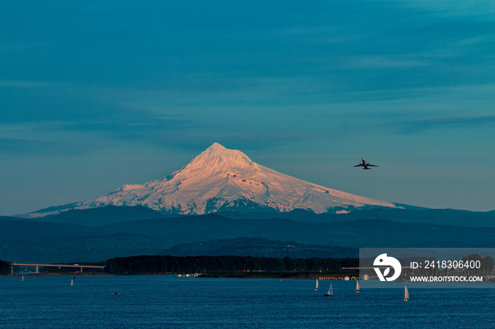 Take Off From Portland Internaional Airport with View of Mount Hood from I-5 Bridge Hayden Island in