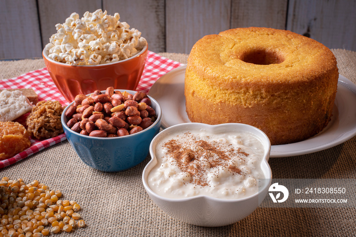 June party. Typical sweets from festa junina. Cornmeal cake, popcorn,  featured hominy.