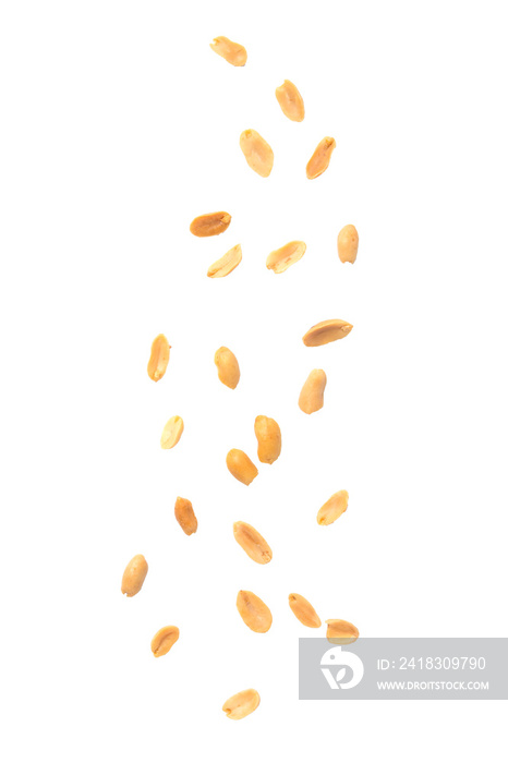 Roasted peanuts falling isolated on white background.