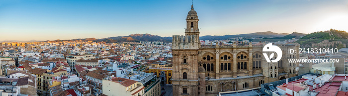 Cityscape of Malaga Cathedral and city at dawn