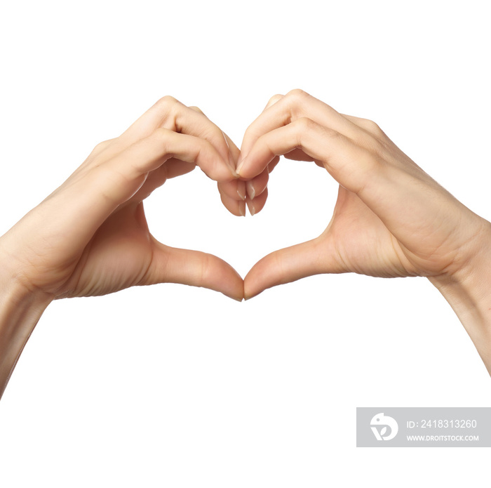 Woman making heart with her hands on white background