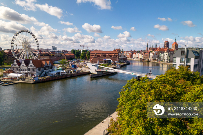 Gdansk. A city by the Baltic Sea on a sunny beautiful day. Aerial view over the seaside city of Gdań