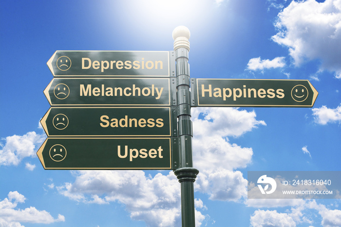 Choose your way to happiness or to depression and sadness with road arrows against blue sky
