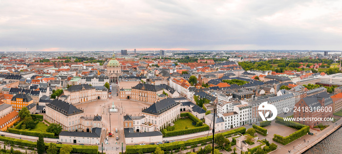 Aerial view of the Dome of Frederiks Church in Copenhagen during sunset, Denmark. Huge cross on the