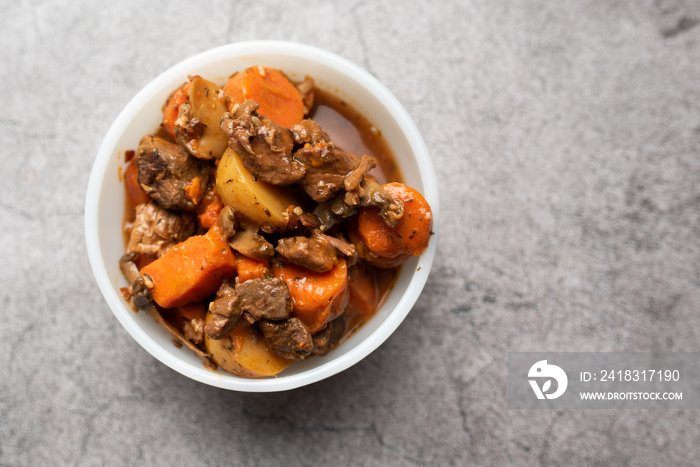 French cuisine Beef Bourguignon. Beef stew with red wine, carrots and potatoes.