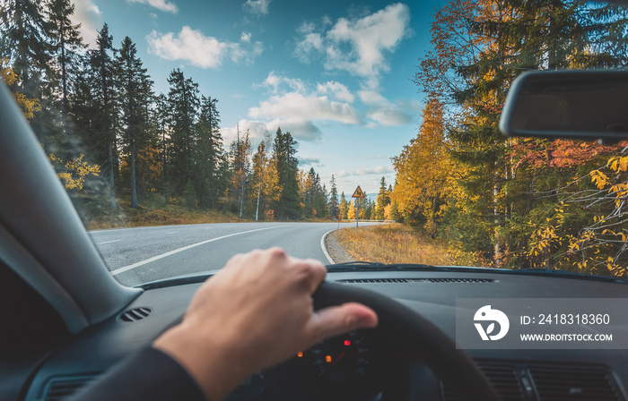 Autumn road view from the cars cab. Photo from Sotkamo, Finland.