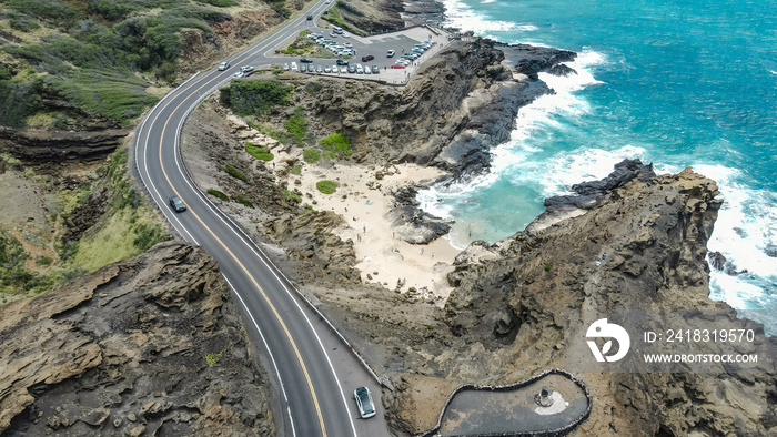 Halona Blowhole Lookout. Lanai Lookout. Aerial photography of coastline. Kalanianaole Hwy, Honolulu,