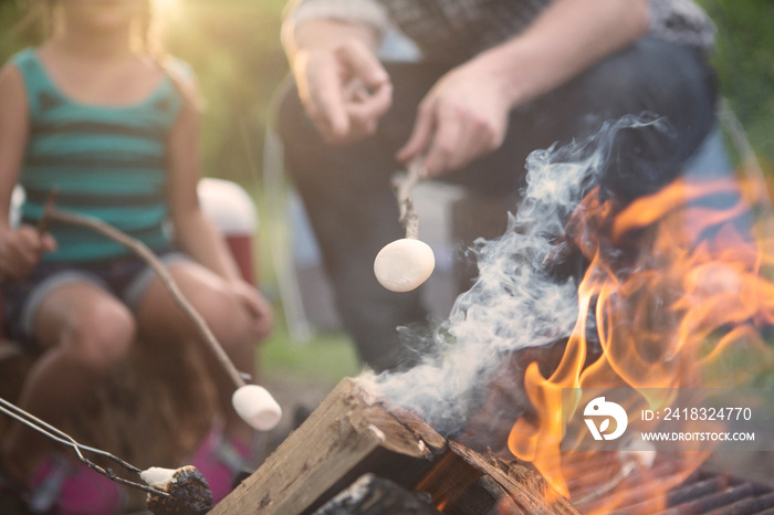 Father and daughter roasting marshmallows over campfire