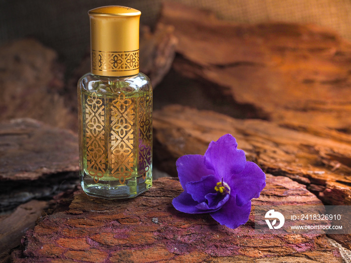 Bottle of oil agarwood tree against the bark. Arabian oud attar perfume or agarwood oil fragrances i