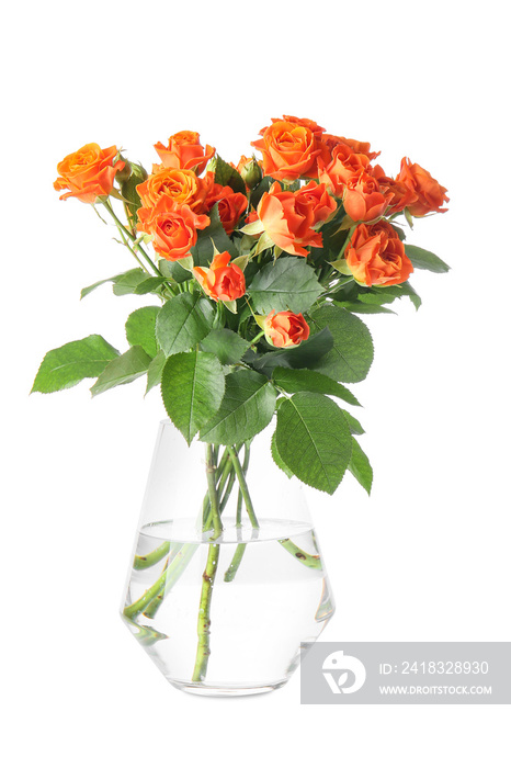 Vase with beautiful orange roses on white background