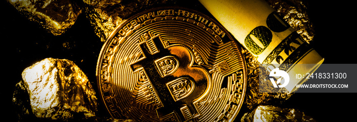 Golden bitcoin coin and mound of gold bitcoin cryptocurrency business concept