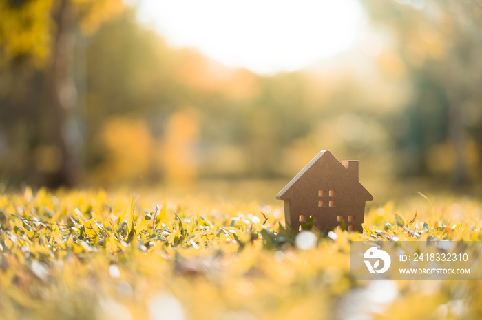 Copy space of home and life concept. Small model home on green grass with sunlight abstract backgrou