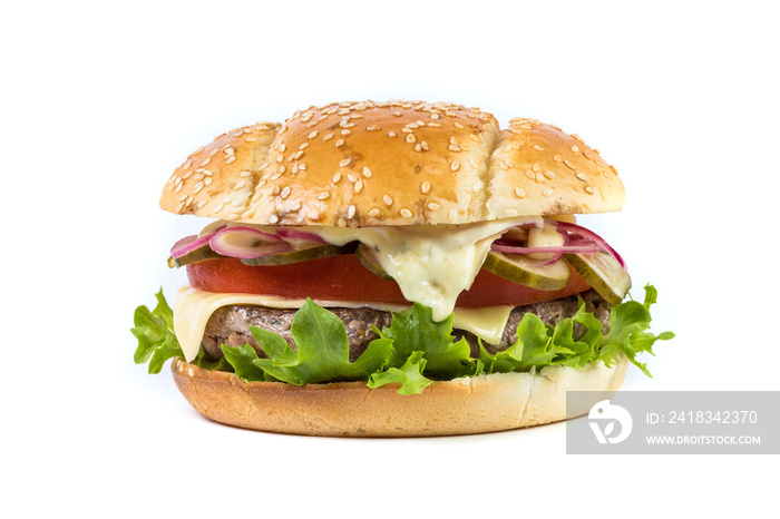 Fast food Burger with salad isolated against white background