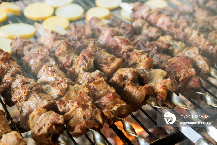 Traditional shashlik on a barbecue skewer with as closeup on