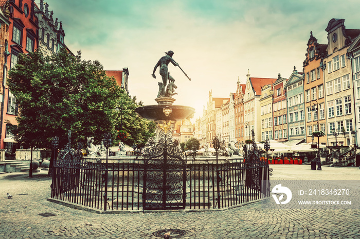 Neptunes fountain in the Old Town of Gdansk.