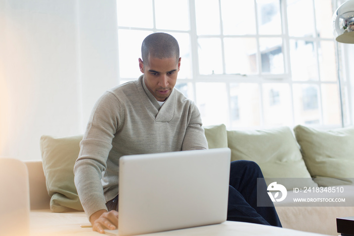 Young man with laptop working from home on sofa