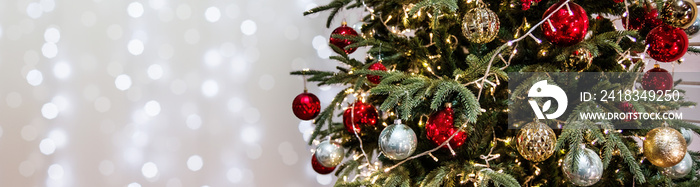 Christmas lights. Boke of blue and yellow spots. Defocused Image Of Illuminated christmas tree. Copy