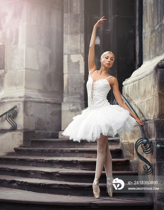 自信的动作。户外优雅芭蕾舞演员的垂直柔焦肖像