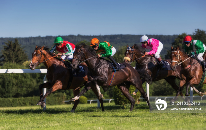 Horseracing in Czechia, Europe. Traditional sport. Jockeys on horses.