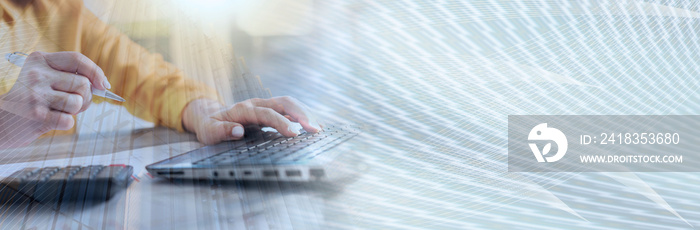 Accountant working on laptop, double exposure. panoramic banner