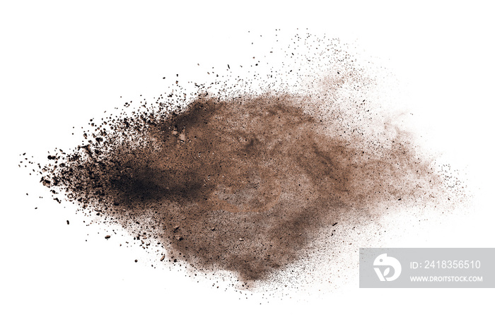 Brown powder explosion isolated on white background.