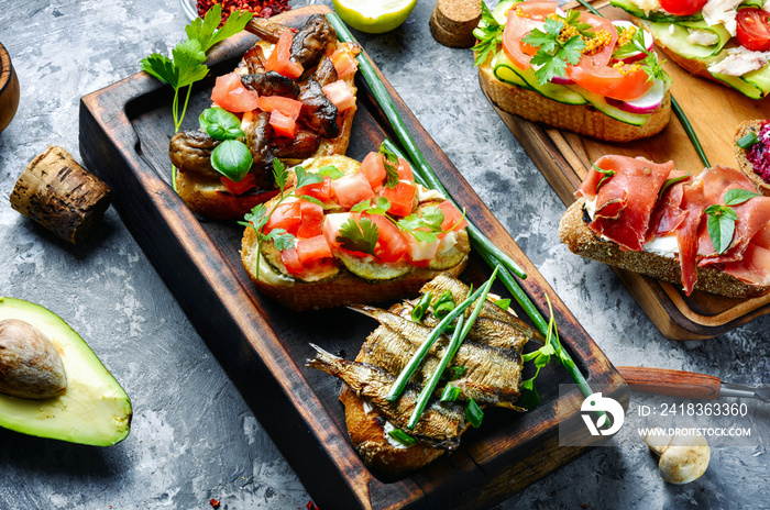 Bruschetta with various toppings