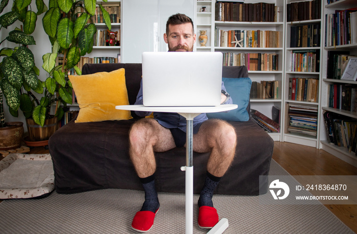 businessman working from home in underwear