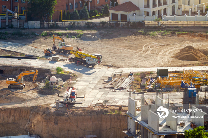 Aerial view of construction site, construction of new building in residential area