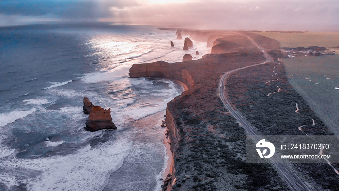 Amazing aerial view of Twelve Apostles at sunset, Great Ocean Road, Australia