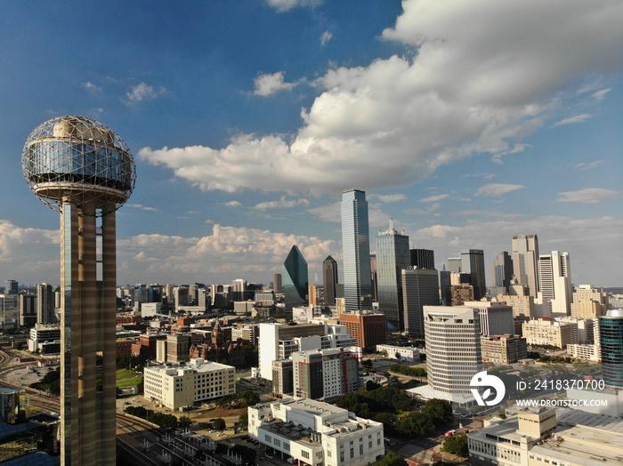 Aerial View of Reunion Tower and Dallas Skyline on a Cloudy Day