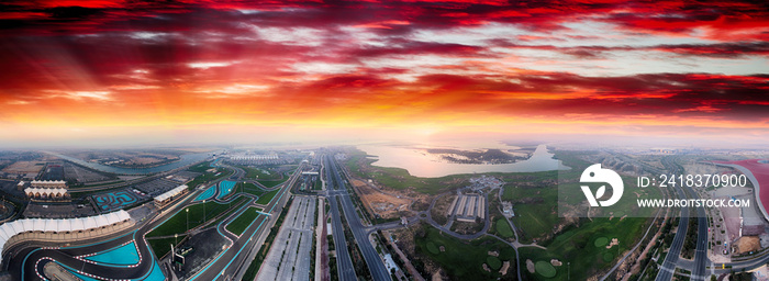 阿布扎比亚斯岛。阿拉伯联合酋长国黄昏时主要地标的全景鸟瞰图
