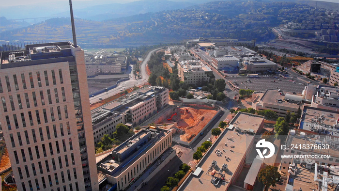 Hi tech Park in Jerusalem Mount Hotzvim Aerial Drone footage over Large building in Hi tech Park Jer