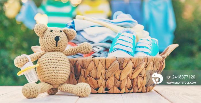 washing baby clothes. Linen dries in the fresh air. Selective focus.