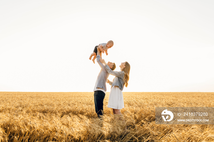 Happy family on a summer walk, mother, father and child walk in the wheat