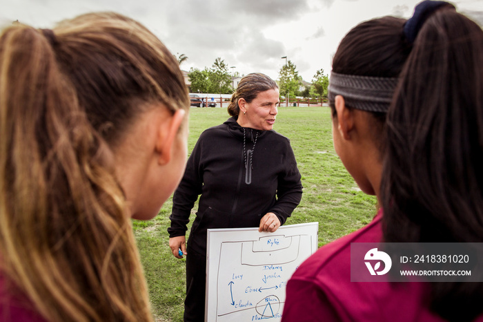 Girls listening to coach explaining plan on whiteboard in field