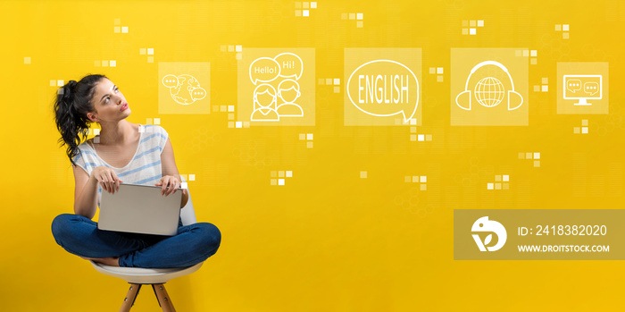 English with young woman using a laptop computer