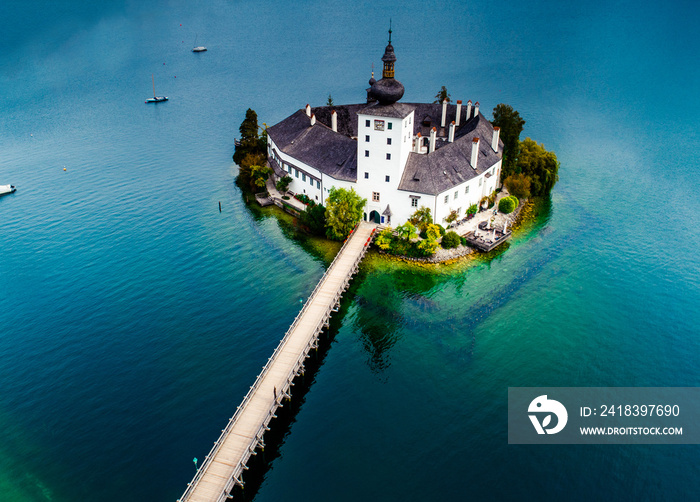 Aerial view of Gmunden Schloss with Traunsee lake in Austria